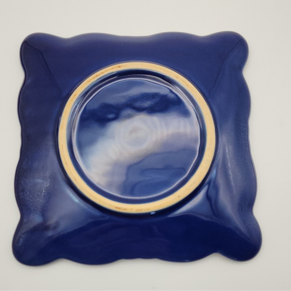 California Pottery N-382 Blue Glossy Ceramic 7" Trivet Mid-Century Floral - Picture 5 of 6